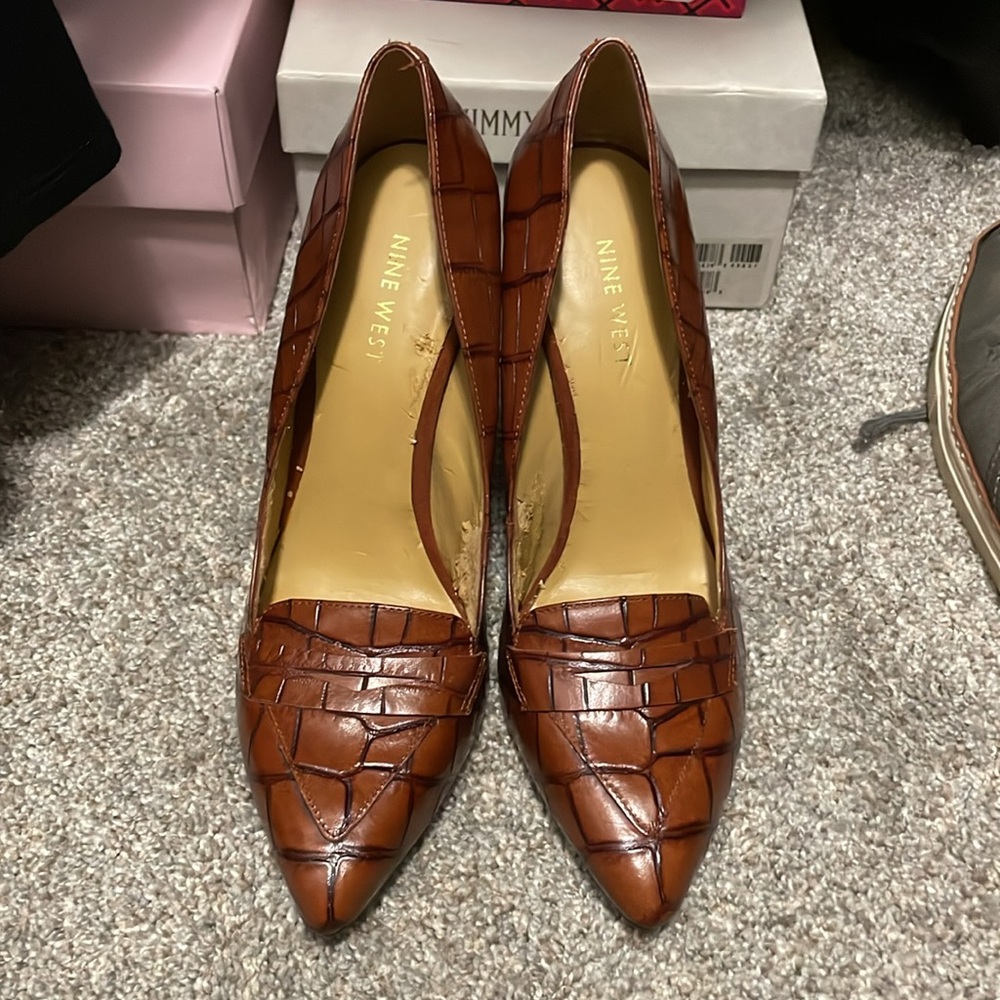 Nine West faux croc cognac heels
